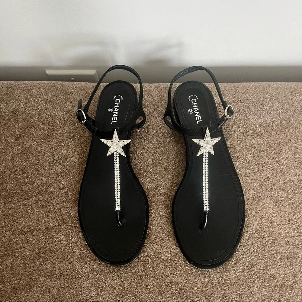 CHANEL Black Sandals with Silver Star Detail - Picture 2 of 4